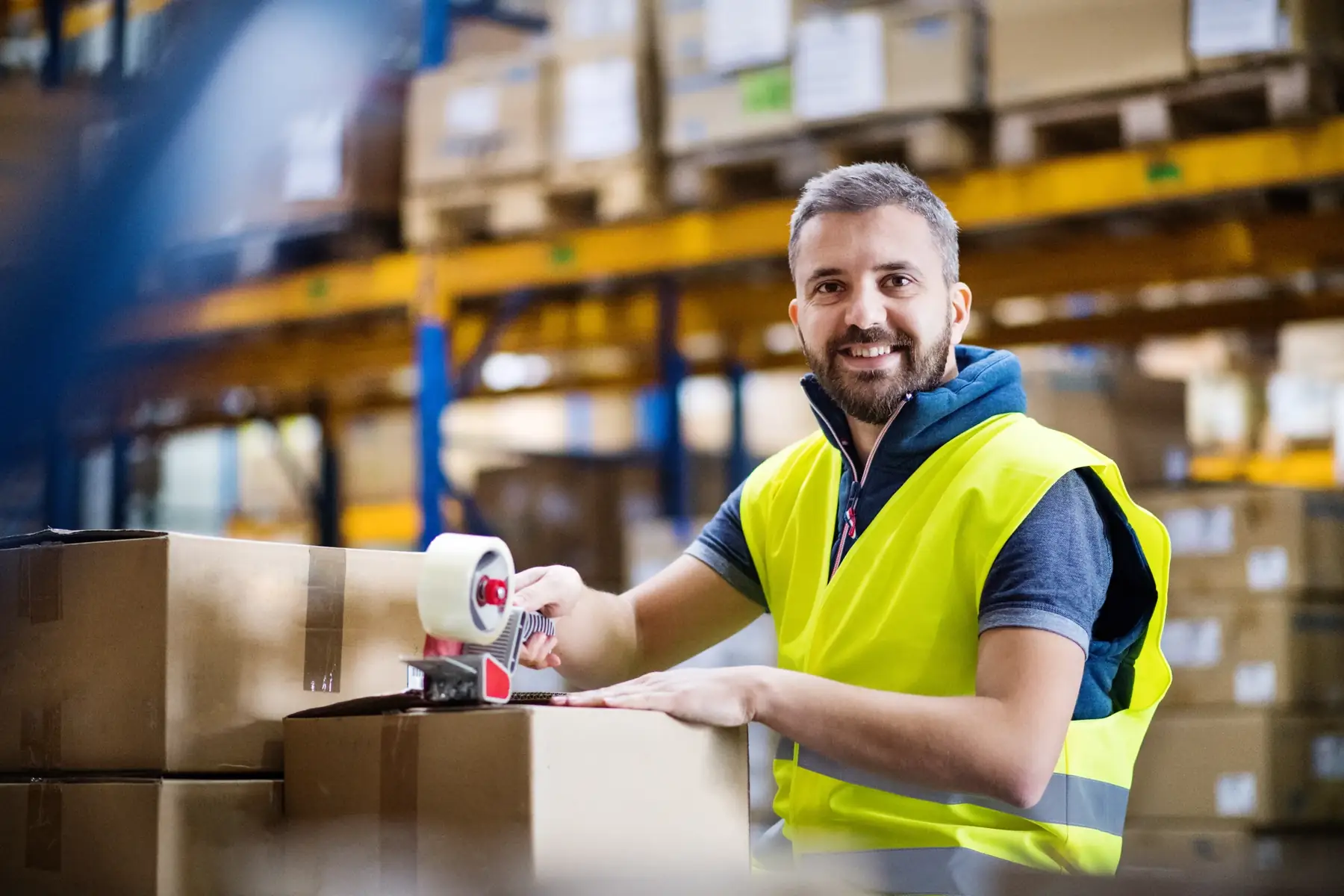 Warehouse worker taping a cardboard box closed.