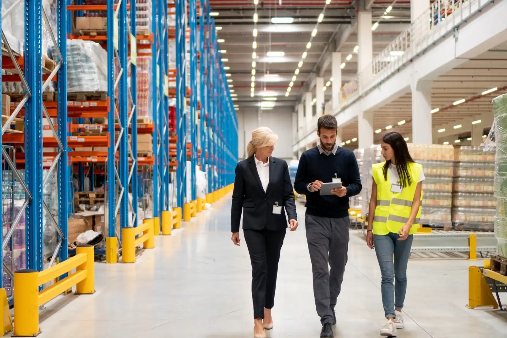 Three people walking through a warehouse aisle between pallet racks.