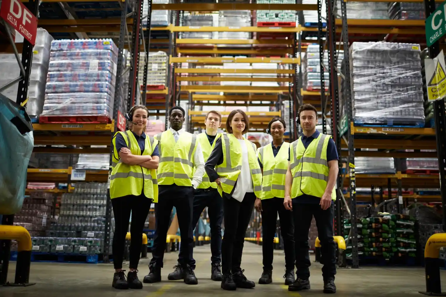 Staff in high-visibility vests standing in a distribution warehouse.