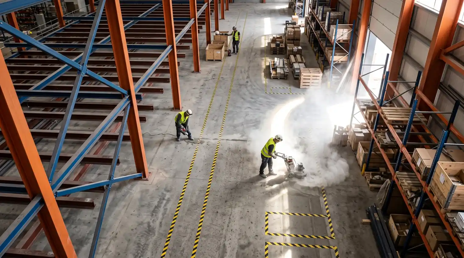Workers cleaning the concrete floor of a warehouse between pallet racks.