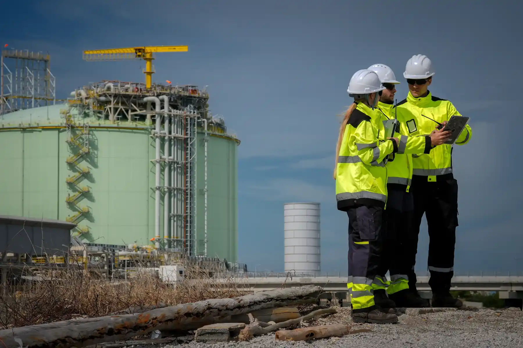 Two engineers reviewing records near industrial storage tanks.