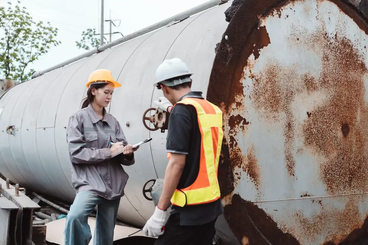 Engineers checking a storage tank valve and recording the inspection.