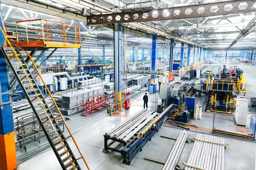 Production equipment and access platforms inside a manufacturing facility.