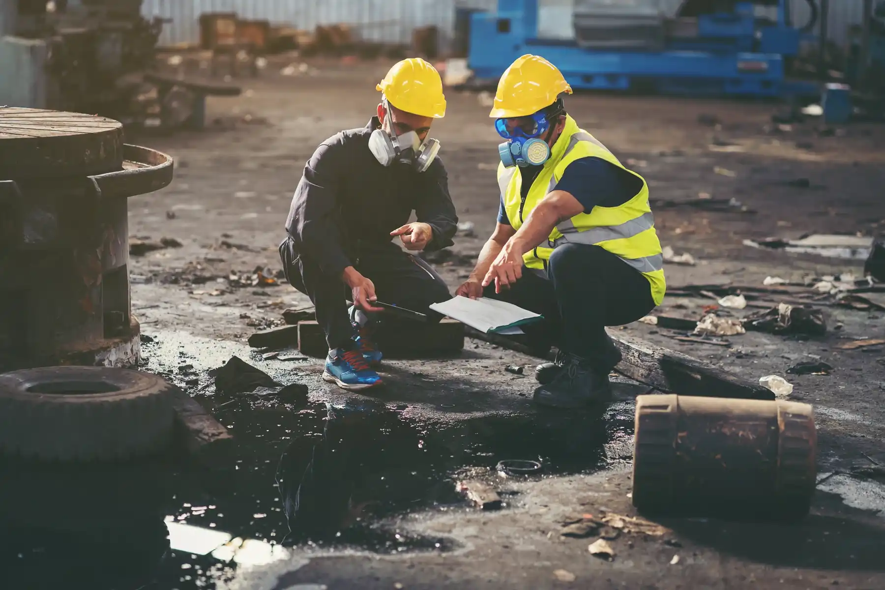 Workers in respirators and hard hats inspecting a spill area.