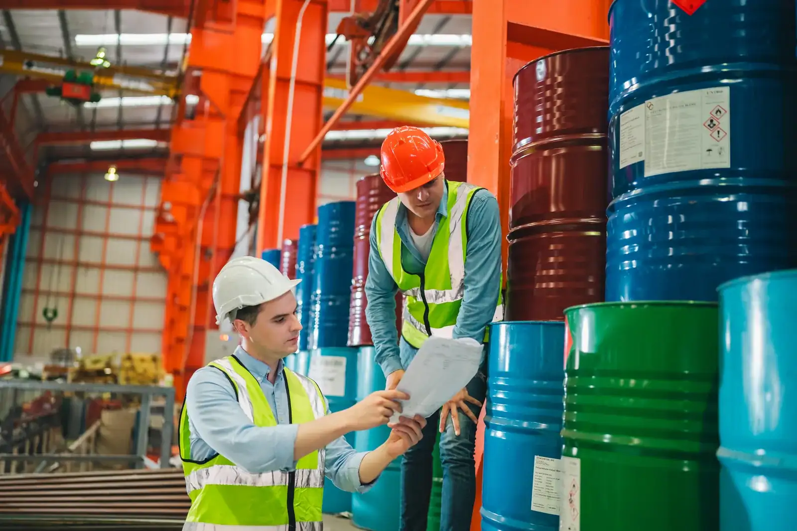 Checking liquid-storage drums and records in an industrial warehouse.