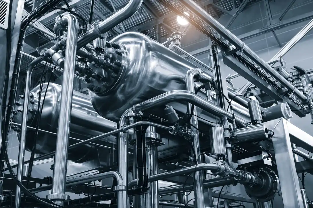 Stainless steel process pipework inside a factory.
