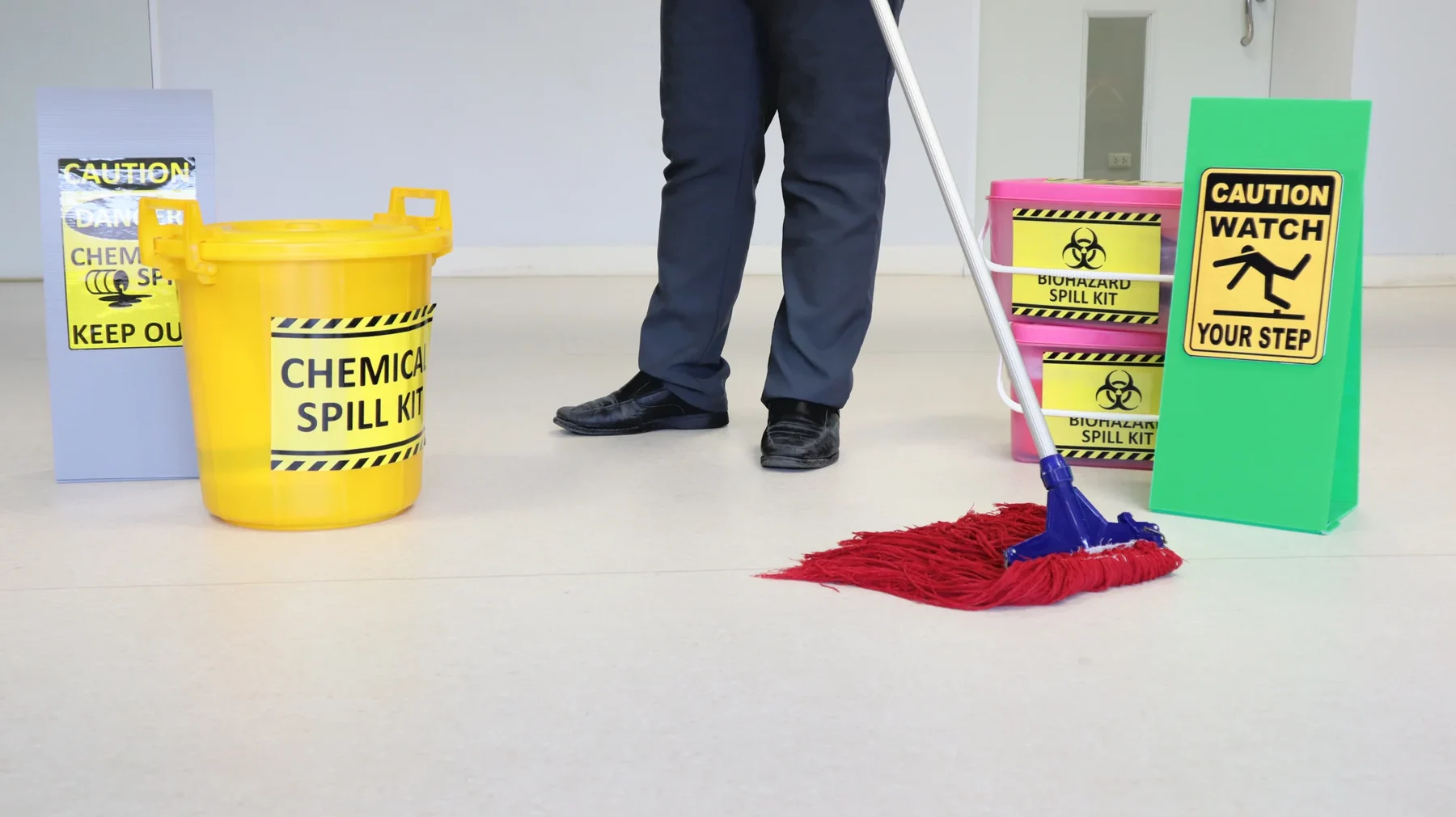 Chemical spill kit and cleaning equipment.