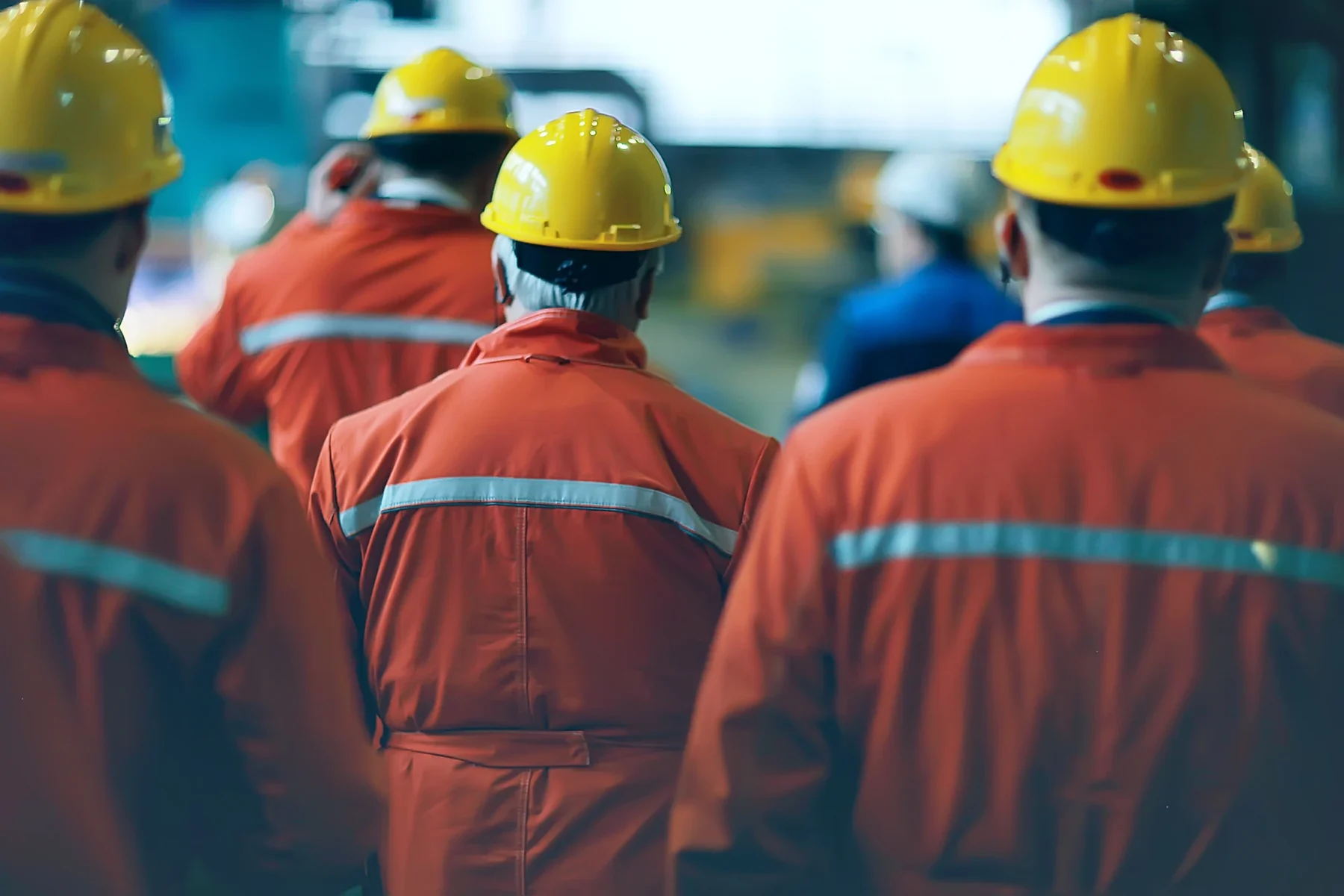 Rear view of workers in hard hats and overalls at a factory.
