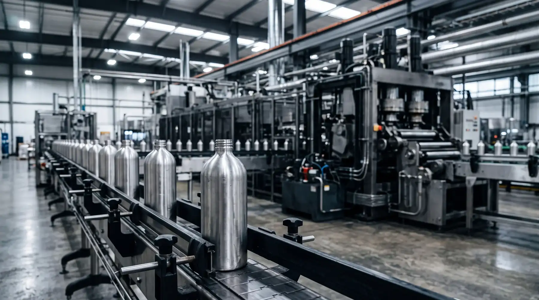 Bottles moving through an industrial production line.
