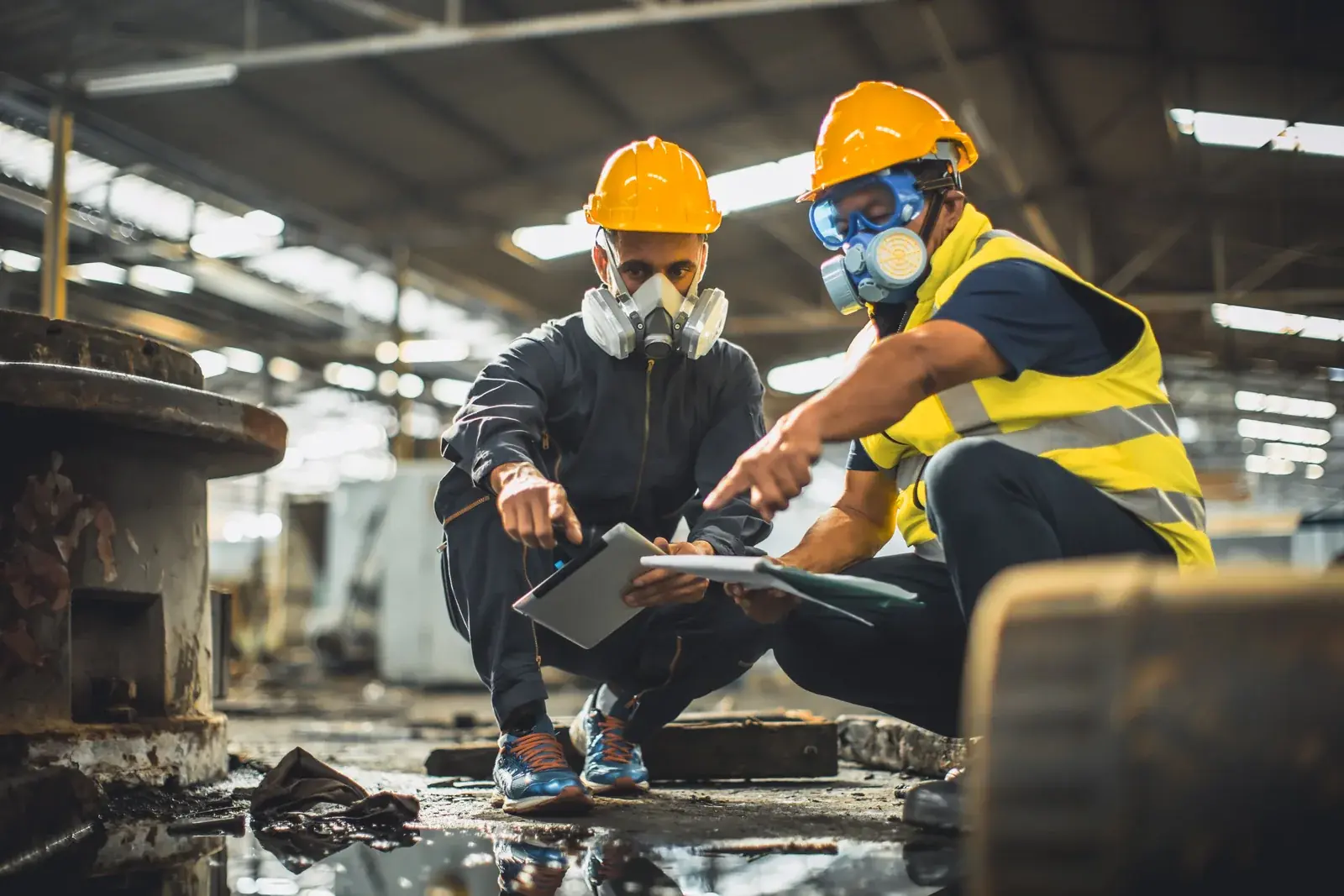 Two workers wearing respiratory protection assess an industrial work area.