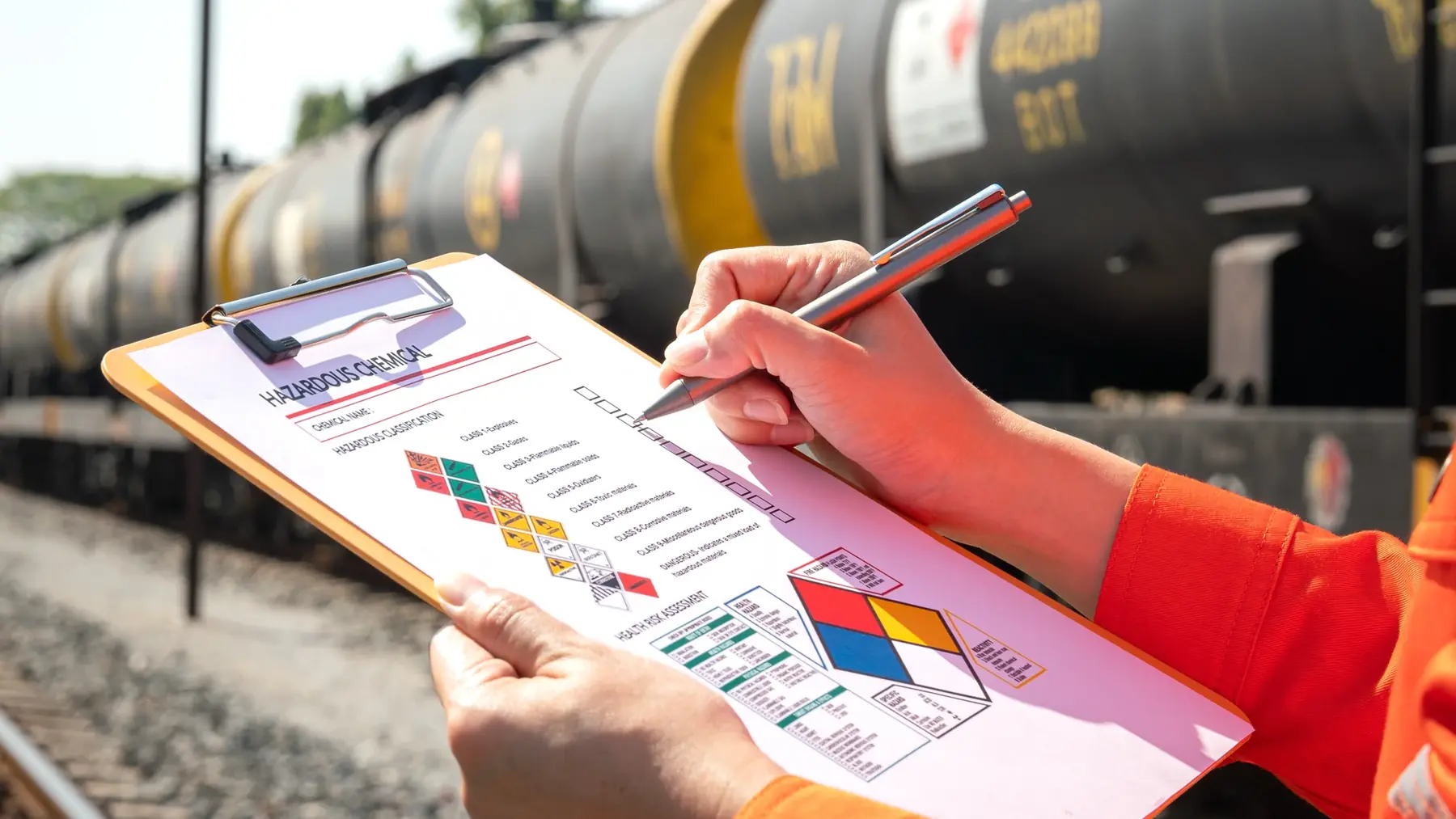Gloved hand completing a hazardous chemical checklist beside rail tank wagons.
