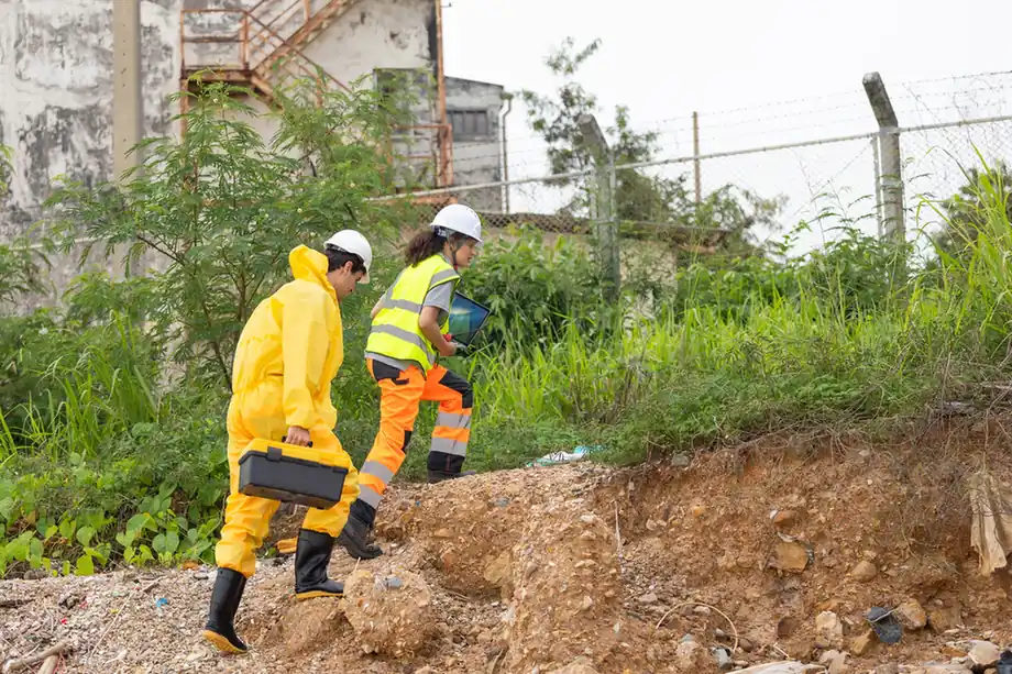 Environmental survey team walking over disturbed ground.